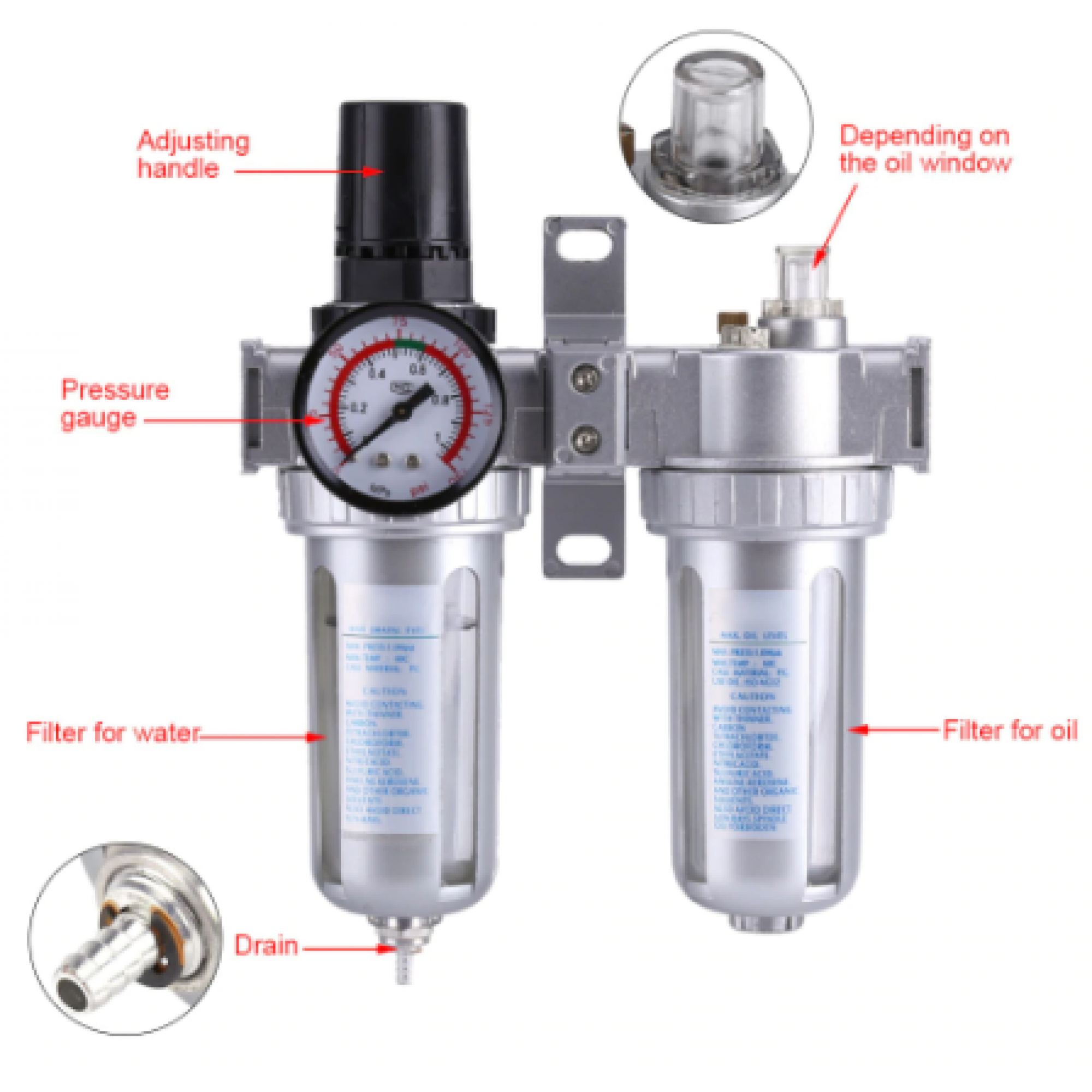 BestTong Pneumatic Air Pressure Filter Regulator Lubricator Moisture Water Trap Cleaner Oil-Water Separator PT 3/8inch 